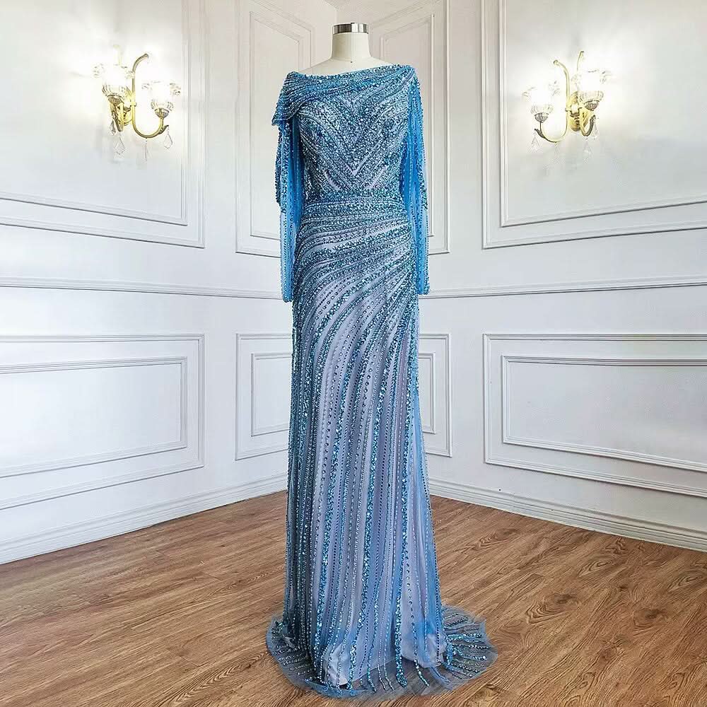 Sequin Prom Dress, Long Sleeve V-Neck High Slit BM bride