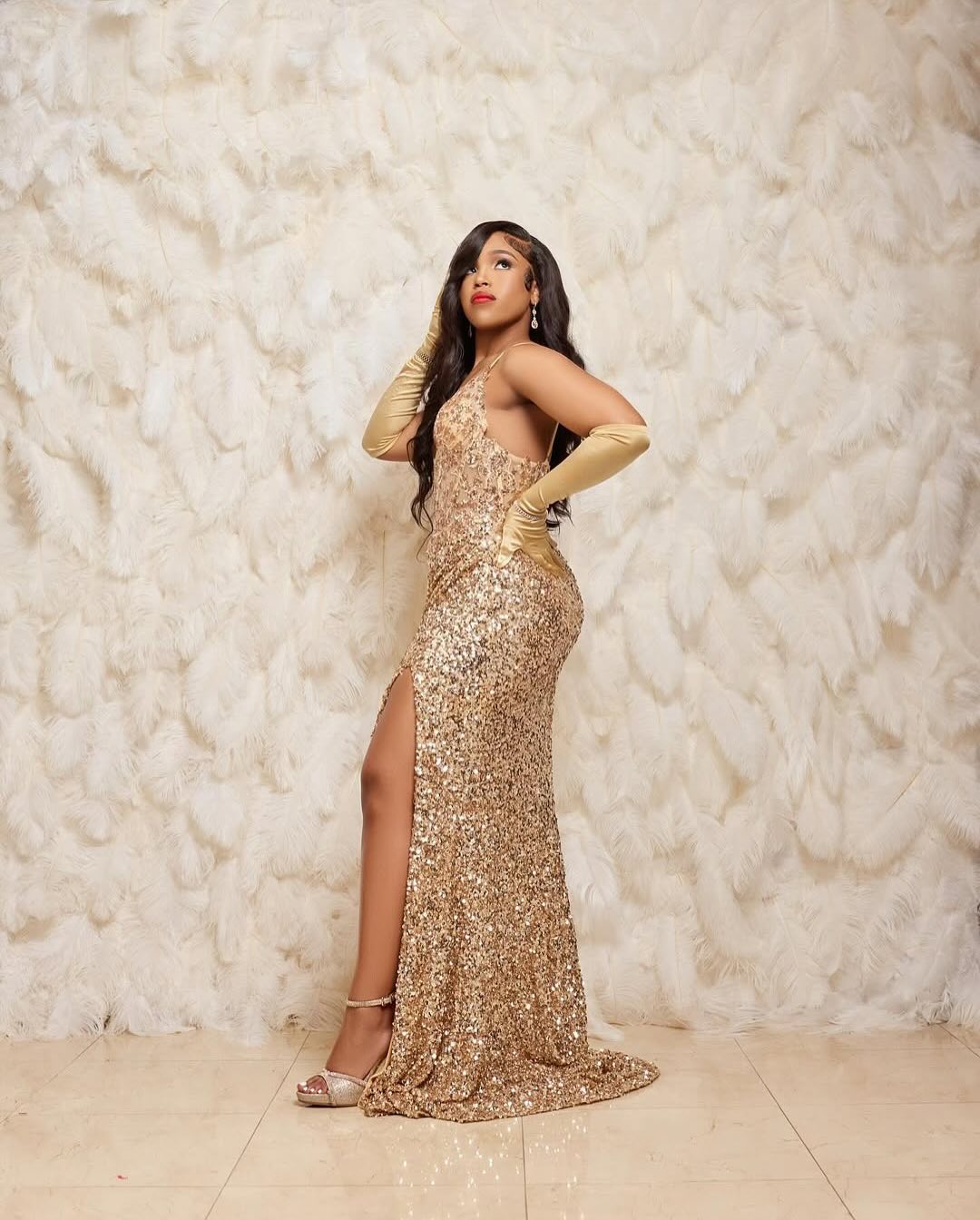 The Golden Goddess - 2026 All-Over Sequin Mermaid Gown: Champagne Gold Sparkle with Satin Gloves & High Slit