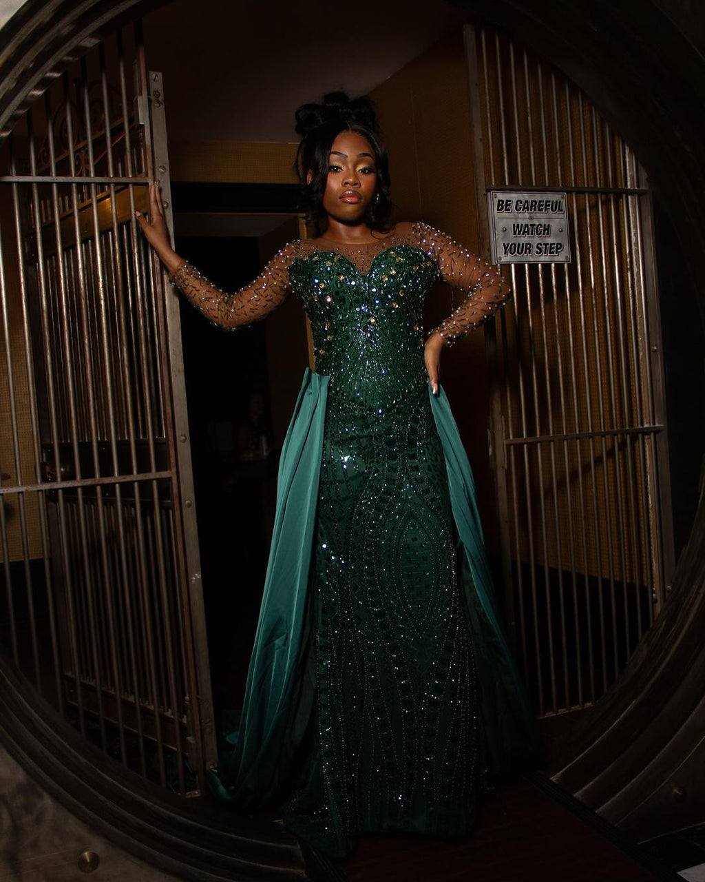 The Emerald Empress - 2026 Illusion Sleeve Beaded Mermaid Gown: Crystal-Embellished Long Sleeves with Satin Overskirt Train