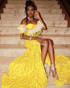 The Golden Sunflower - 2026 Off-Shoulder Lace Mermaid Gown: White Floral Appliqués with Crystal Fringe & Yellow Lace Train