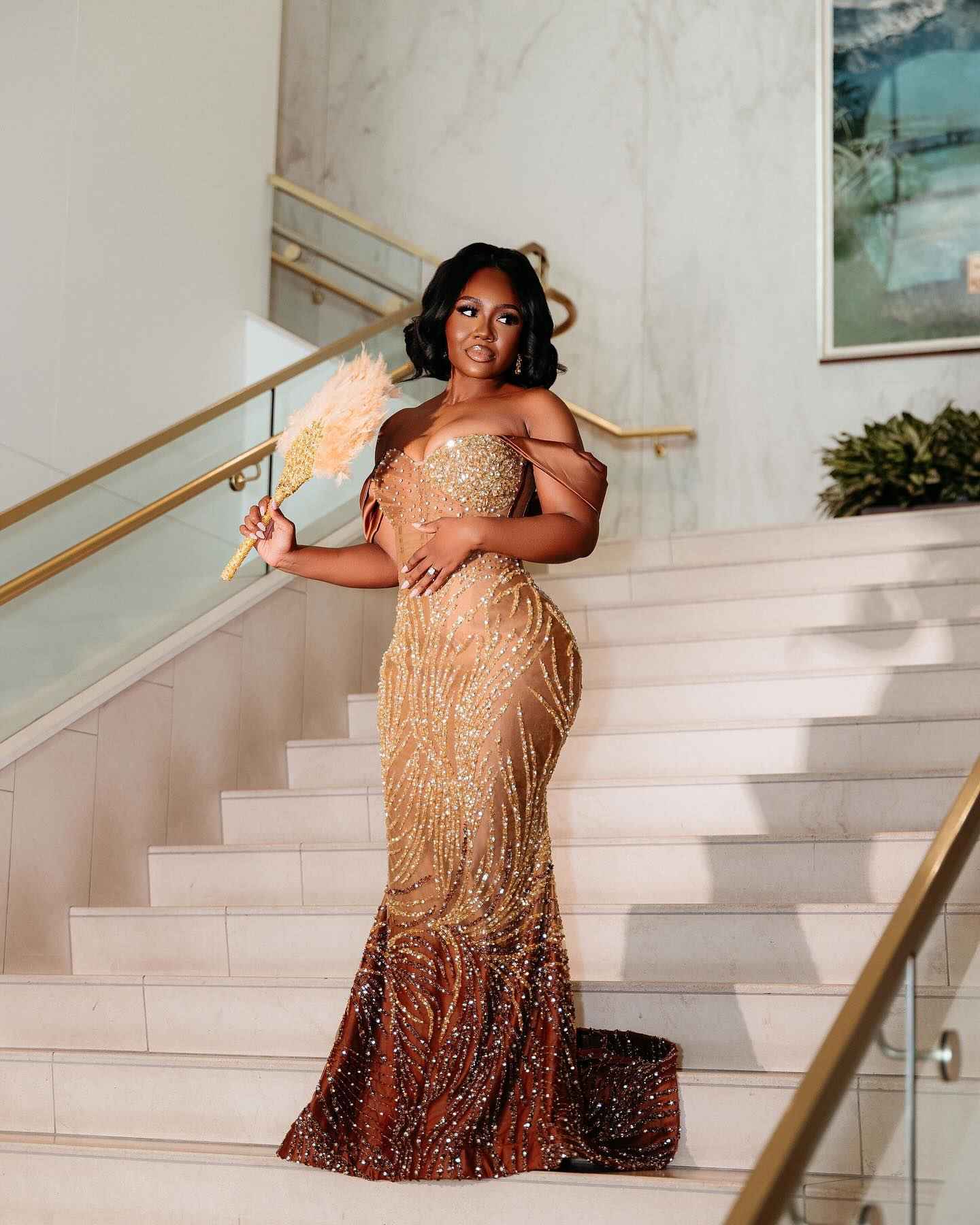 Golden Sunset - Ombre Beaded Mermaid Prom Dress with Feather Trim