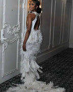 The White Angel - 2026 White Silver Crystal Feather Mermaid Gown: Plunging V-Neckline with Crystal Straps, Open Back & Feather Cathedral Train