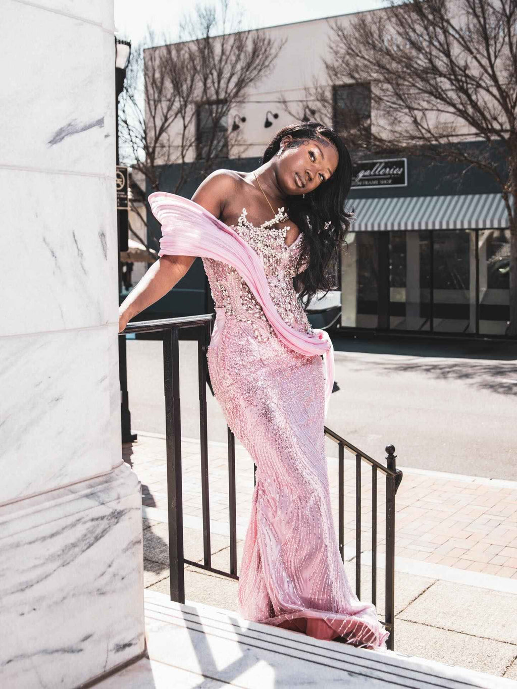 Pink Glow - Sequin Beaded Mermaid Prom Dress with Draped Chiffon Wrap