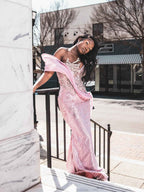Pink Glow - Sequin Beaded Mermaid Prom Dress with Draped Chiffon Wrap