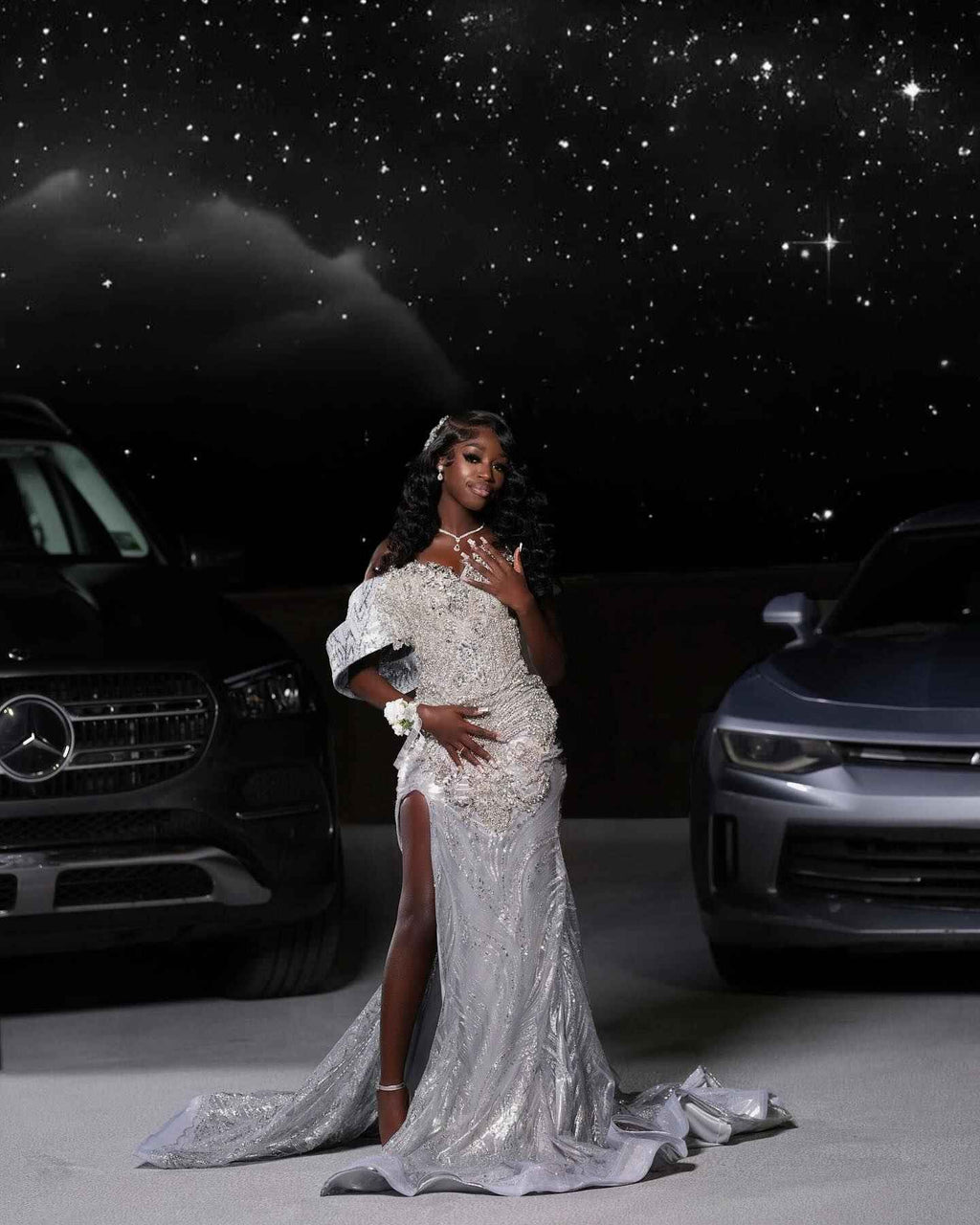 Starlight Dream - Silver Crystal Beaded Off-Shoulder Mermaid Prom Dress with Thigh Slit