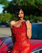 Red Hot - Sheer Illusion Beaded Mermaid Prom Dress with 3D Florals