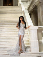 The Silver Feather - 2026 Crystal Beaded Illusion Gown: Sweetheart Neckline with Sheer Bodice, High Slit & White Feather Cathedral Train