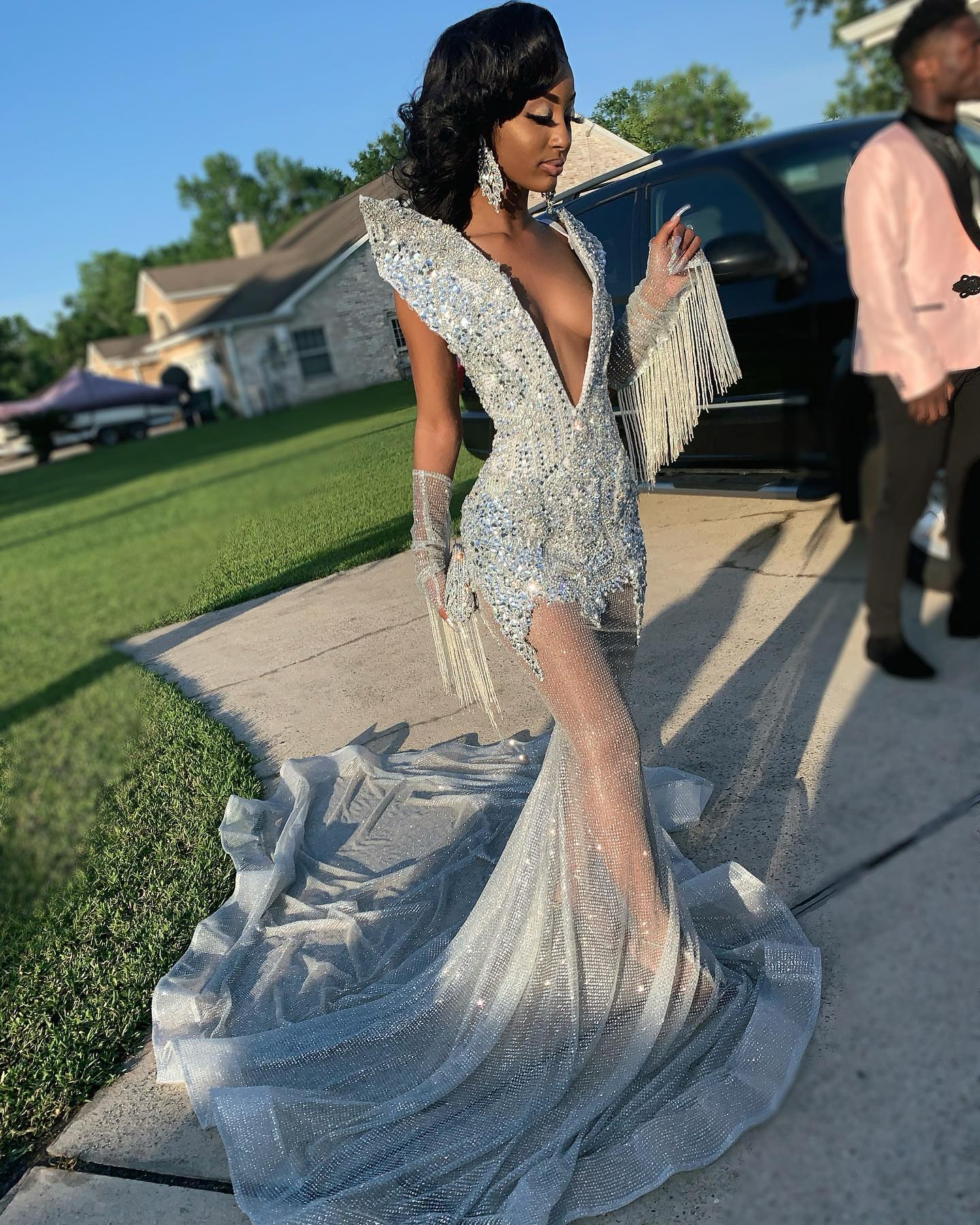 The Silver Ice - 2026 Crystal Beaded Mermaid Gown: Deep V-Neckline with Cascading Crystal Fringe, Shoulder Embellishments & Layered Tulle Train