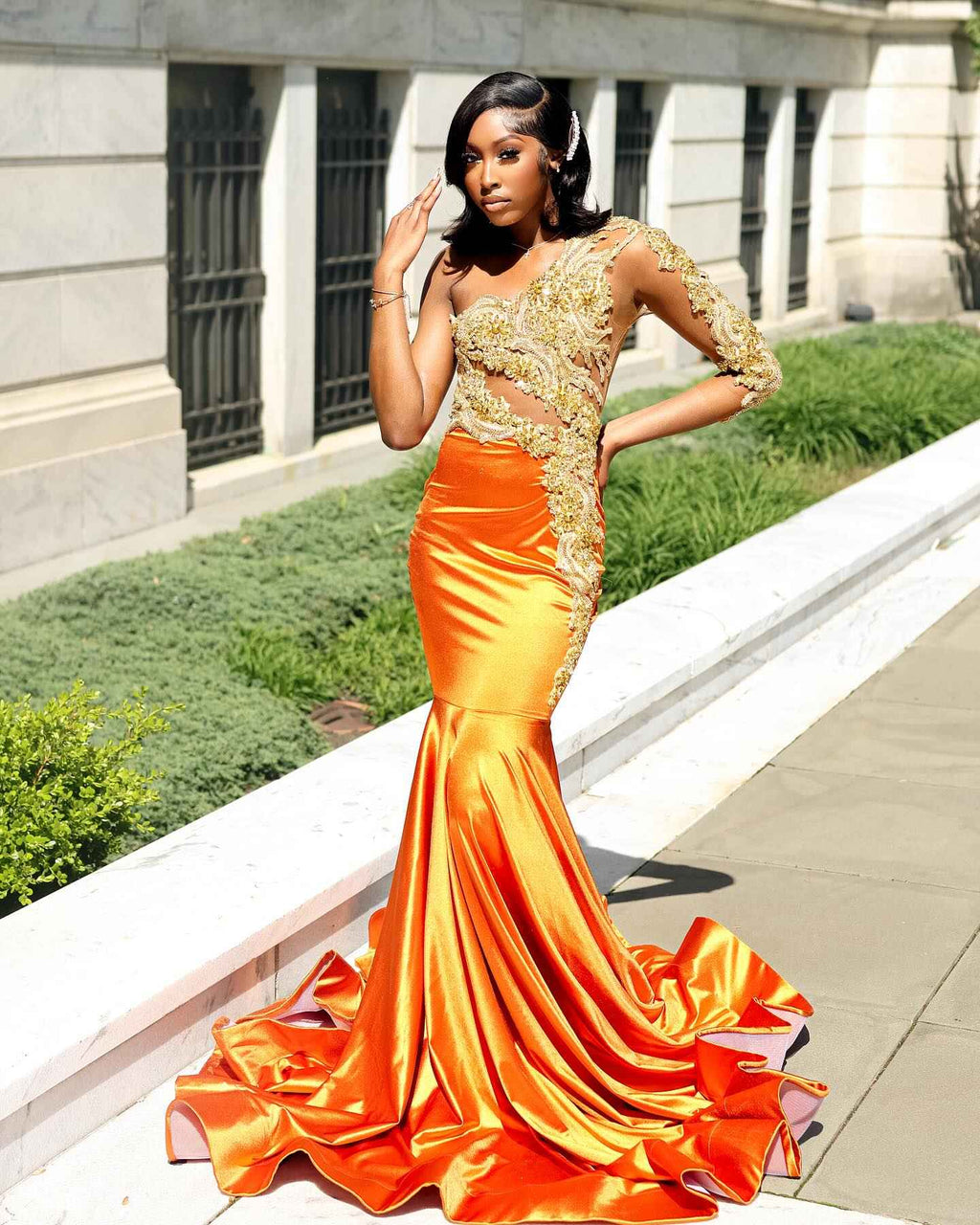 The Golden Hour - 2026 Orange Ombre Satin Mermaid Gown: One-Shoulder Gold Lace Appliqué with Sheer Illusion Bodice & Cathedral Train