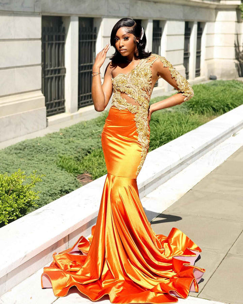 The Golden Hour - 2026 Orange Ombre Satin Mermaid Gown: One-Shoulder Gold Lace Appliqué with Sheer Illusion Bodice & Cathedral Train