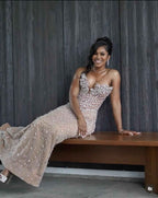 Champagne Radiance - Crystal Beaded Mermaid Prom Dress with Floral Details