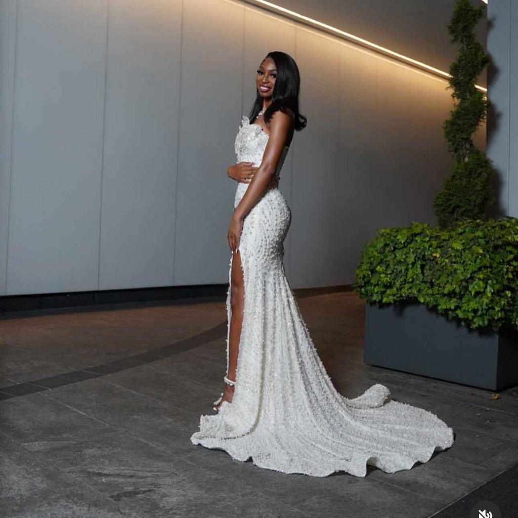 White Enchantment - Beaded Floral Mermaid Prom Dress with Crystal Details