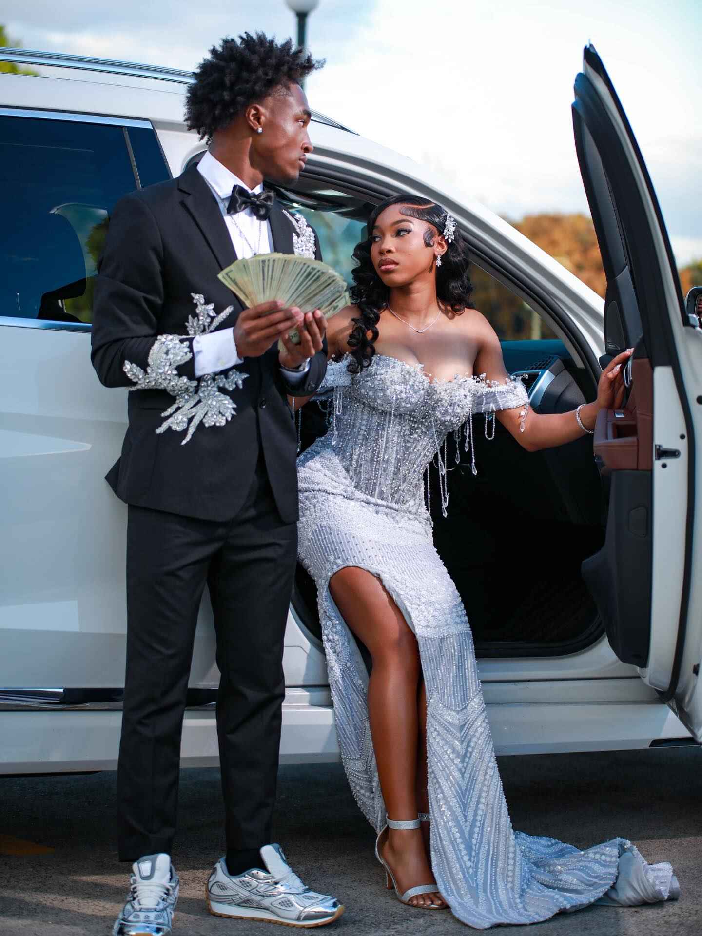Silver Frost - Silver Crystal Beaded Off-Shoulder Mermaid Prom Dress with Crystal Fringe & Thigh Slit