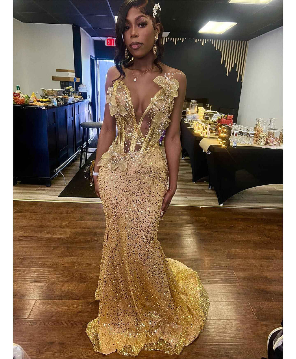 24K Gold - Sequined Corset Mermaid Prom Dress with 3D Florals