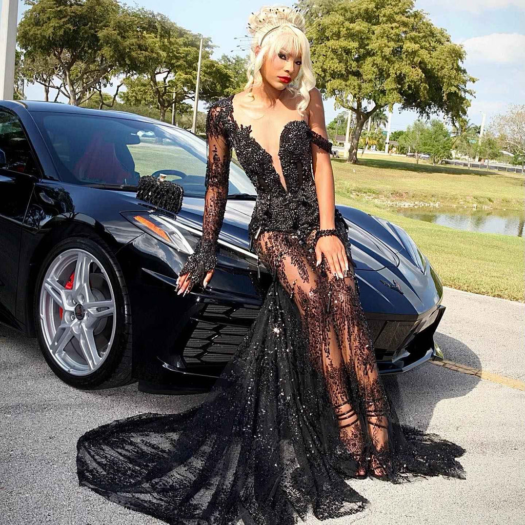 Black Diamond - One Shoulder Sequined Mermaid Prom Dress with Sheer Train