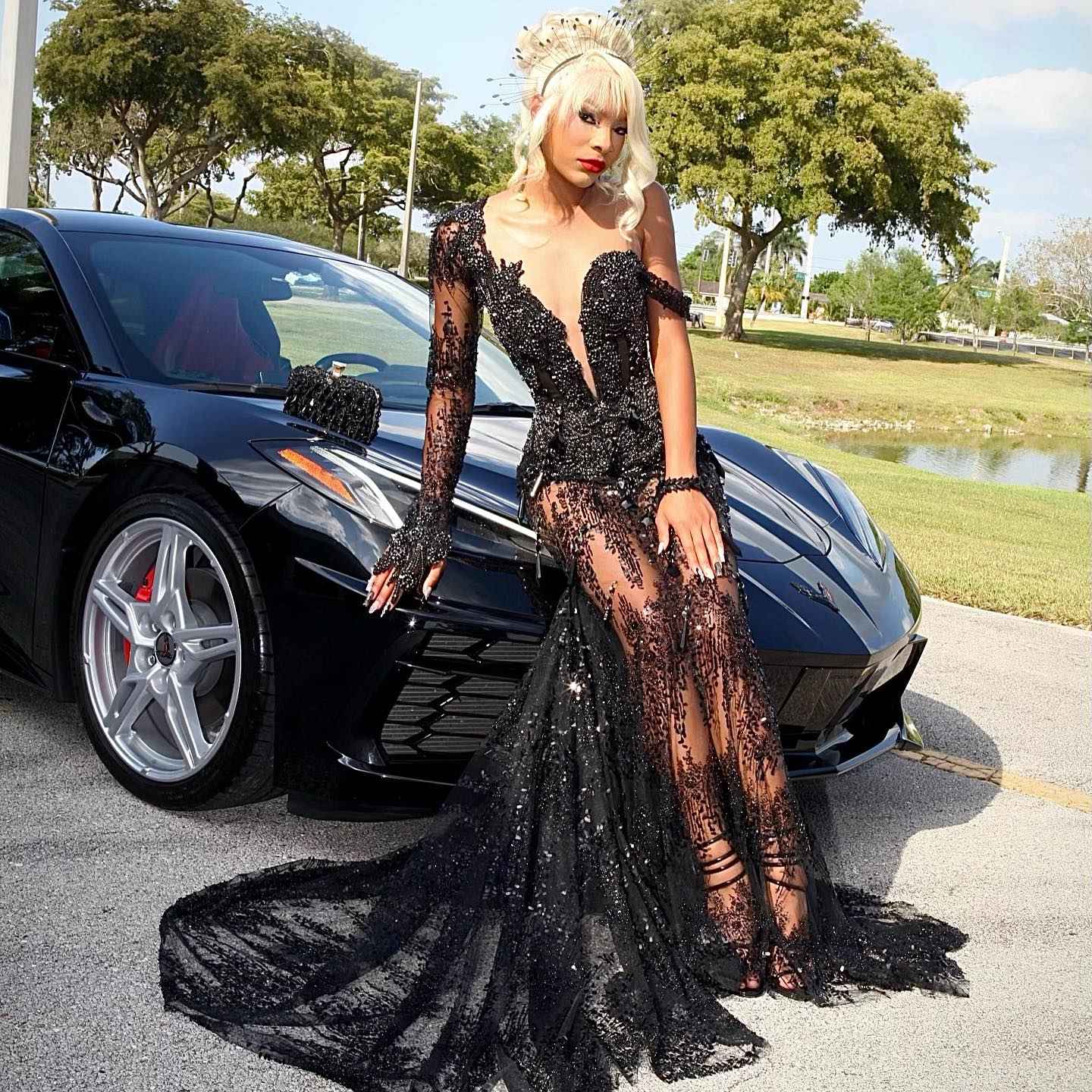 Black Diamond - One Shoulder Sequined Mermaid Prom Dress with Sheer Train