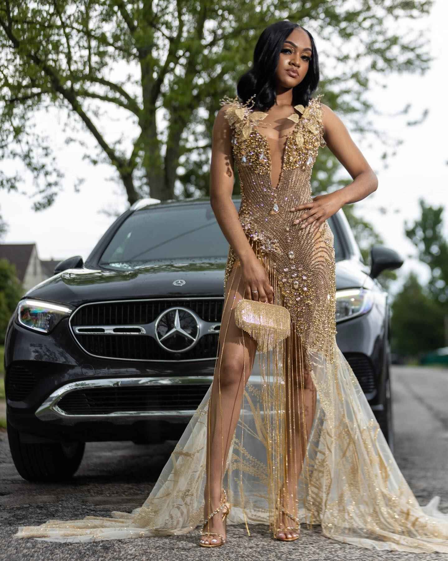 Golden Goddess - Luxury Beaded Mermaid Prom Dress with 3D Florals & Fringe BMBRIDE