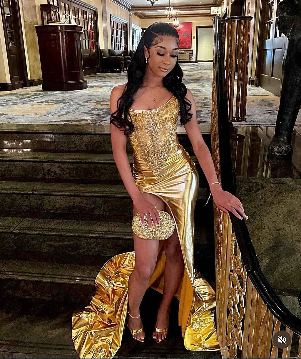 Golden Muse - Beaded Satin Mermaid Prom Dress with High Slit