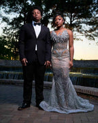 Silver Deco - Art Deco Beaded Prom Dress with Lace-Up Back & 3D Florals