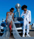 The Million Dollar - 2026 Silver Crystal Chain Illusion Mermaid Gown: Plunging V-Neckline with Crystal Chain Straps, Sheer Bodice & High Slit