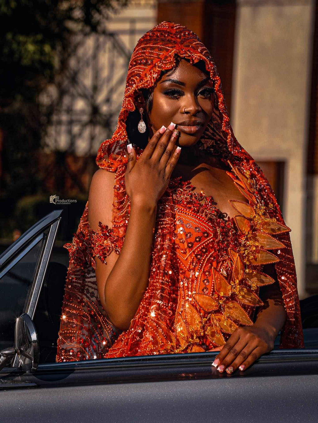Inferno Queen - Orange Sequin Beaded Mermaid Gown with Dramatic Cape & Beaded Hood