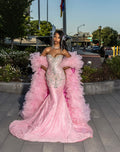 The Pink Princess - 2026 Crystal Beaded Mermaid Gown: Blush Pink with Silver Geometric Crystals & Dramatic Tulle Ruffle Overskirt