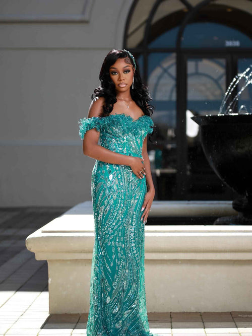 Emerald Dream - Off-Shoulder Sequin Beaded Mermaid Prom Dress with 3D Floral Details