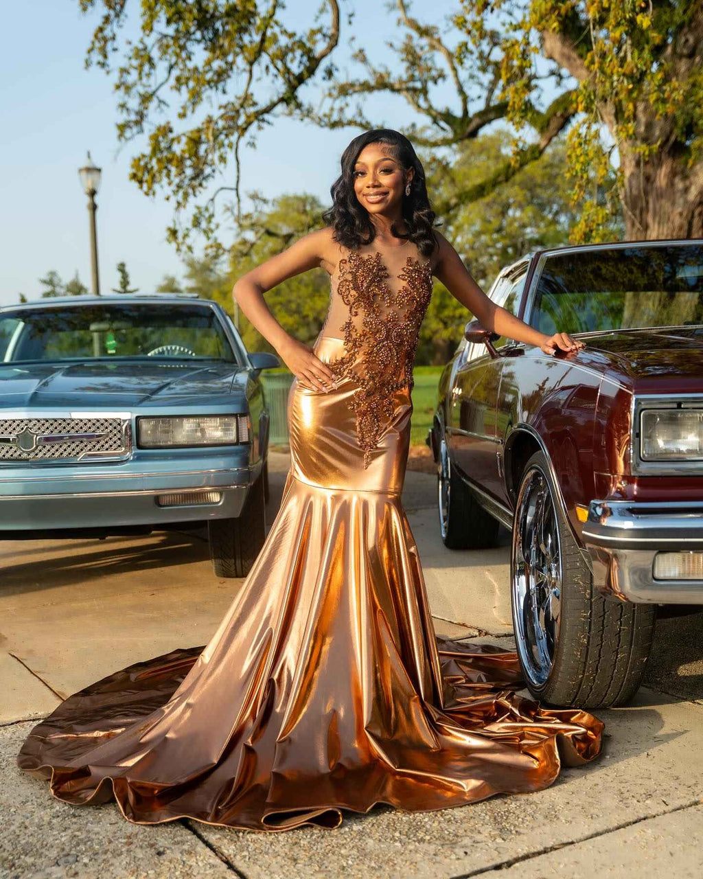 Copper Luxe - Metallic Satin Beaded Mermaid Prom Dress with Sheer Crystal Bodice