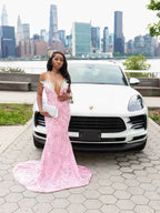 The Pink Perfection - 2026 Off-Shoulder Beaded Mermaid Gown: Blush Sequins with White Floral Appliqués & Cathedral Train
