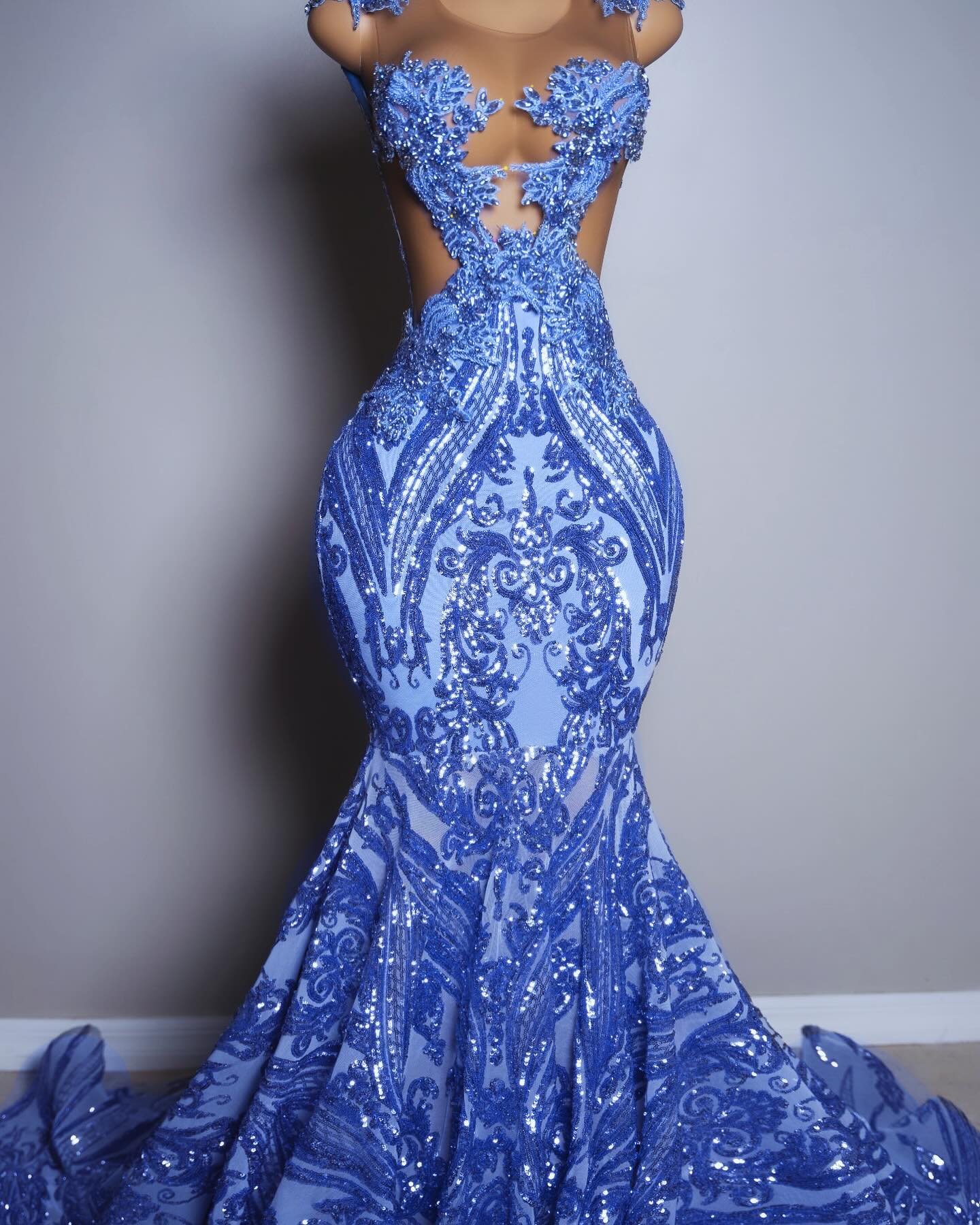 The Ocean Queen - 2026 Royal Blue Crystal Lace Illusion Mermaid Gown: Off-Shoulder Straps with Sheer Bodice, Intricate Lace & Cathedral Train
