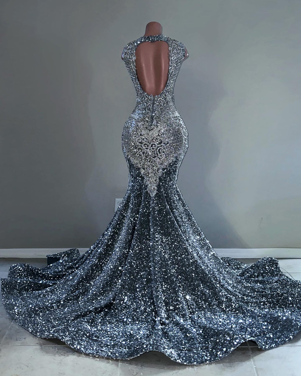 The Midnight Starlight - 2026 Silver Black Ombré Crystal Fringe Mermaid Gown: Plunging V-Neckline with Crystal Tassel Sleeves, Open Back & Cathedral Train