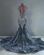 The Midnight Starlight - 2026 Silver Black Ombré Crystal Fringe Mermaid Gown: Plunging V-Neckline with Crystal Tassel Sleeves, Open Back & Cathedral Train