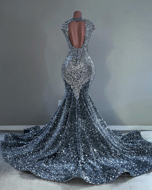 The Midnight Starlight - 2026 Silver Black Ombré Crystal Fringe Mermaid Gown: Plunging V-Neckline with Crystal Tassel Sleeves, Open Back & Cathedral Train