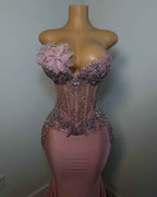 Rose Garden Dreams - Beaded Floral Mermaid Prom Dress with Ruffled Train
