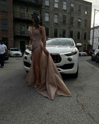 Rose Gold Waves - Beaded Long Sleeve Prom Dress with High Slit