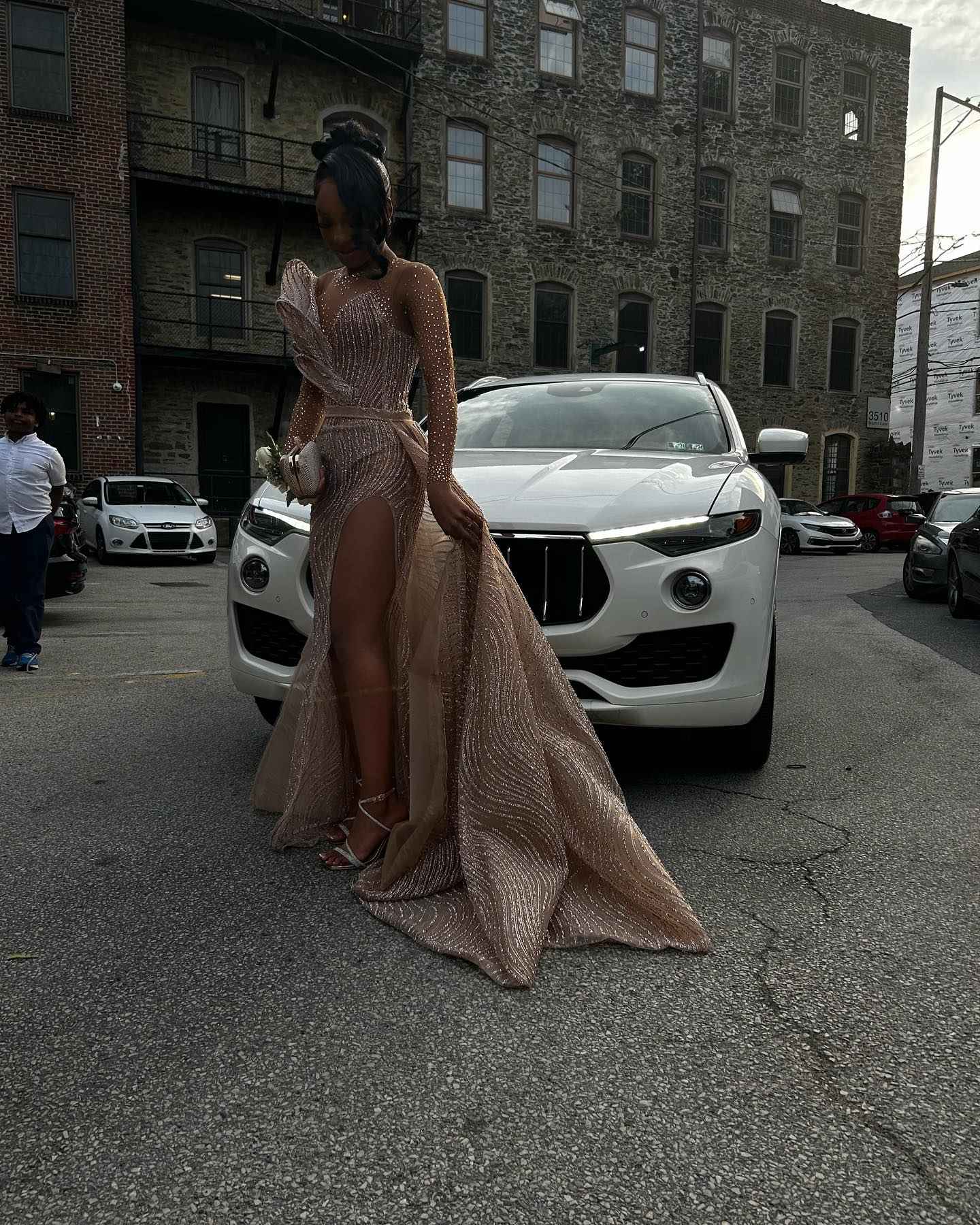 Rose Gold Waves - Beaded Long Sleeve Prom Dress with High Slit