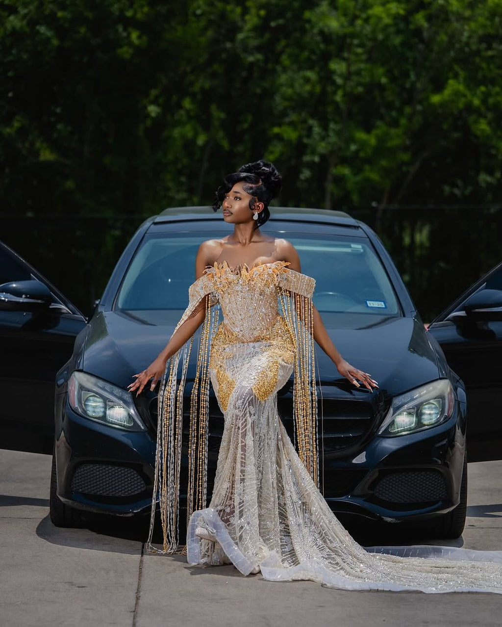 The Golden Empire - 2026 Beaded Mermaid Gown: Off-Shoulder with Dramatic Beaded Fringe Cape & Sheer Mesh Panels