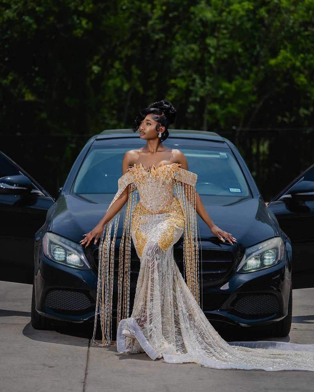 The Golden Empire - 2026 Beaded Mermaid Gown: Off-Shoulder with Dramatic Beaded Fringe Cape & Sheer Mesh Panels