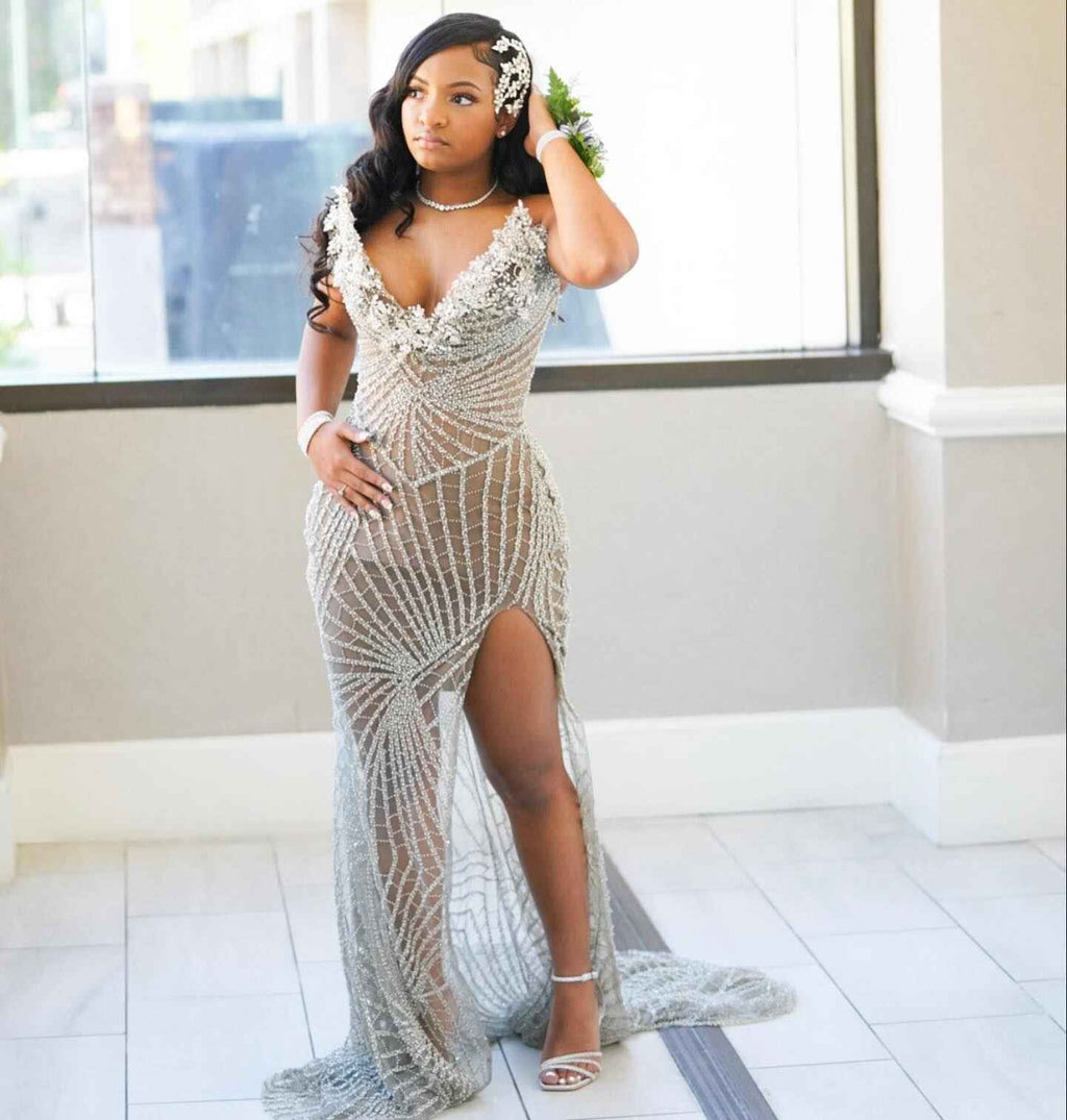 Champagne Radiance - Art Deco Beaded Prom Dress with 3D Florals & High Slit