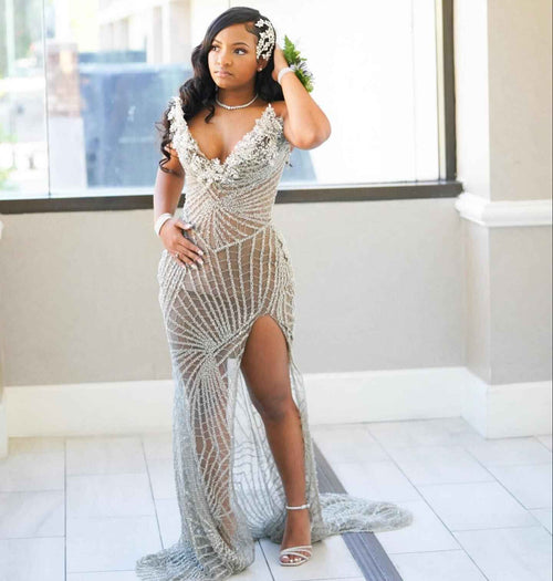 Champagne Radiance - Art Deco Beaded Prom Dress with 3D Florals & High Slit