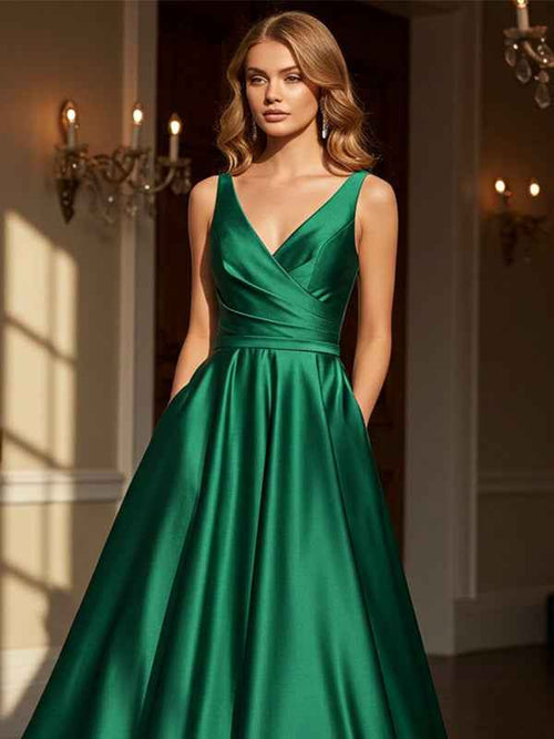 Dark Green Sheath/Column V-Neck Floor-Length Satin Prom Dress BMBRIDE