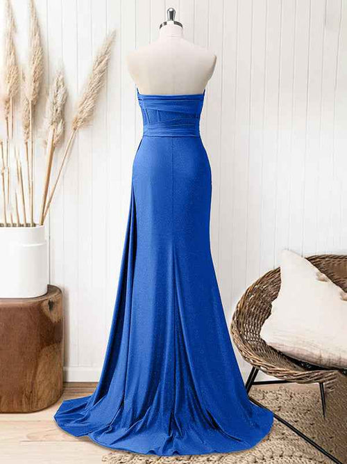 Glitter Royal Blue Strapless Mermaid Long Prom Dress with Slit BMBRIDE