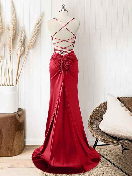 Red Mermaid Corset Spaghetti Straps Long Prom Dress with Appliques BMBRIDE