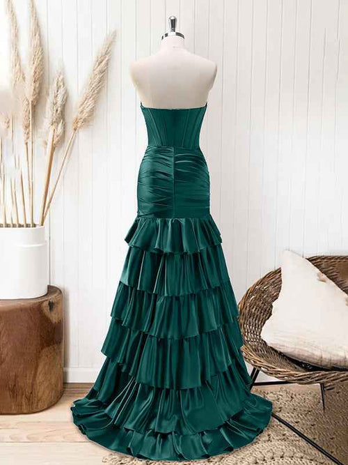 Green Mermaid Strapless Corset Tiered Long Prom Dress BMBRIDE