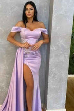 Off the Shoulder Beadings Lilac Long Mermaid Prom Dress With Ruffles Split