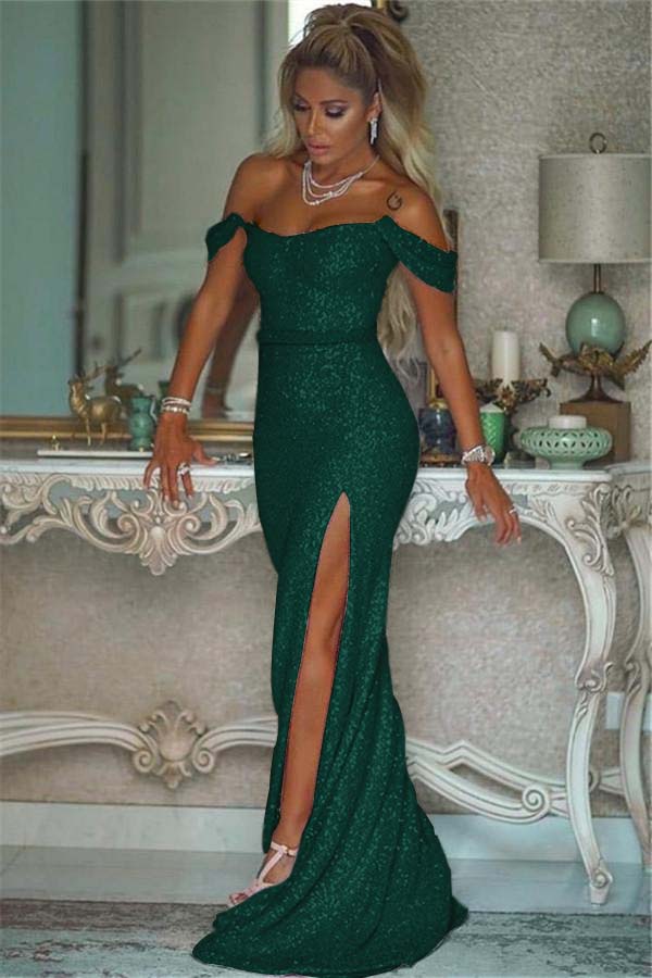 Pink Sequins Off the Shoulder Mermaid Elegant Prom Dresses With Split BMBRIDE