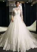 Enchanting Lace Appliqued Tulle Ball Gown Wedding Dress with High-Neck and Cathedral Train BM bride
