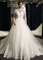 Enchanting Lace Appliqued Tulle Ball Gown Wedding Dress with High-Neck and Cathedral Train BM bride