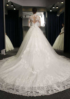 Enchanting Lace Appliqued Tulle Ball Gown Wedding Dress with High-Neck and Cathedral Train BM bride