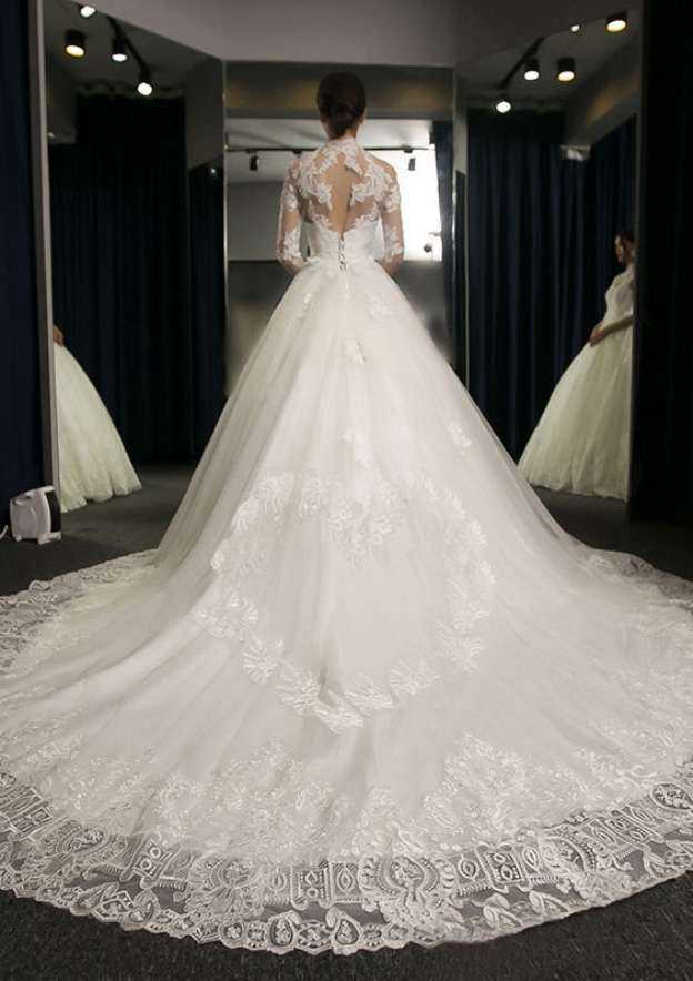 Enchanting Lace Appliqued Tulle Ball Gown Wedding Dress with High-Neck and Cathedral Train BM bride